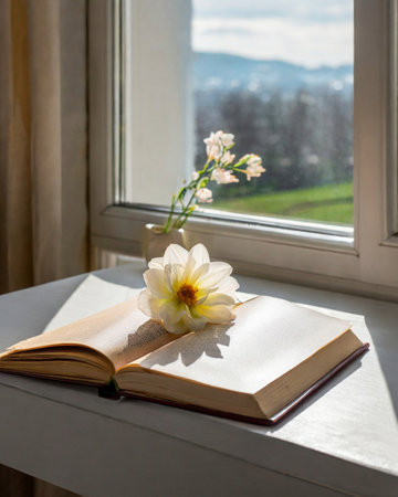 Open book with a white daffodil on the windowsillの素材