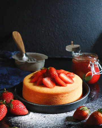 Strawberry Cheesecake on a black background, selective focusの素材