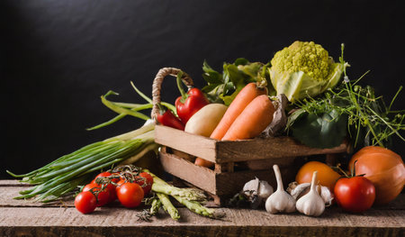 Fresh vegetables in a wooden box on a black background. Healthy food.の素材