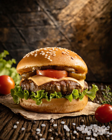 Homemade hamburger with fresh vegetables on rustic wooden background.の素材