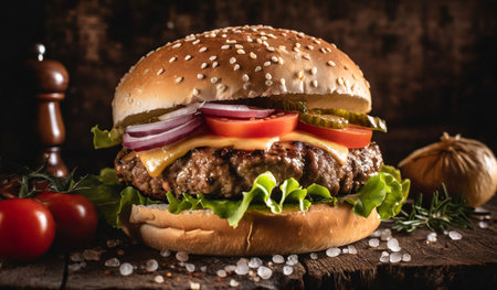 Homemade hamburger with fresh vegetables on rustic wooden background.の素材