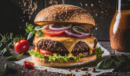 Homemade hamburger with fresh vegetables on rustic wooden background.の素材
