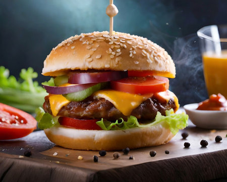 Homemade hamburger with fresh vegetables on rustic wooden background.の素材