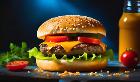 Homemade hamburger with fresh vegetables on rustic wooden background.の素材