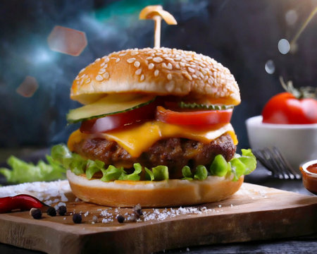 Homemade hamburger with fresh vegetables on rustic wooden background.の素材
