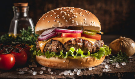 Homemade hamburger with fresh vegetables on rustic wooden background.の素材