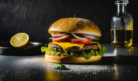 Homemade hamburger with fresh vegetables on rustic wooden background.の素材