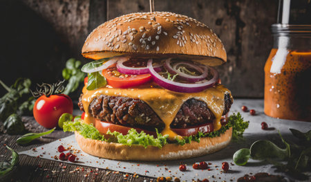 Homemade hamburger with fresh vegetables on rustic wooden background.の素材