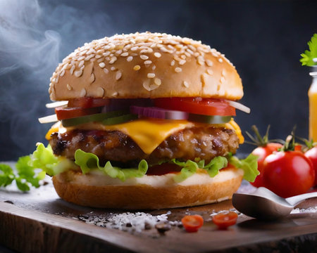 Homemade hamburger with fresh vegetables on rustic wooden background.の素材