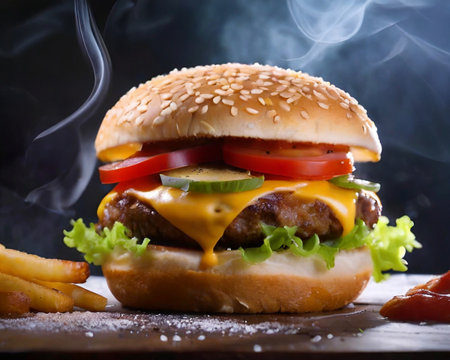 Homemade hamburger with fresh vegetables on rustic wooden background.の素材
