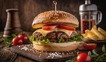 Homemade hamburger with fresh vegetables on rustic wooden background.の素材