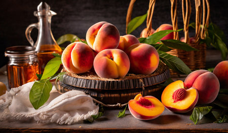 Ripe peaches with leaves in wicker basket on wooden backgroundの素材