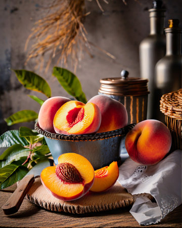 Fresh peaches in a bowl on a wooden background. Selective focus.の素材