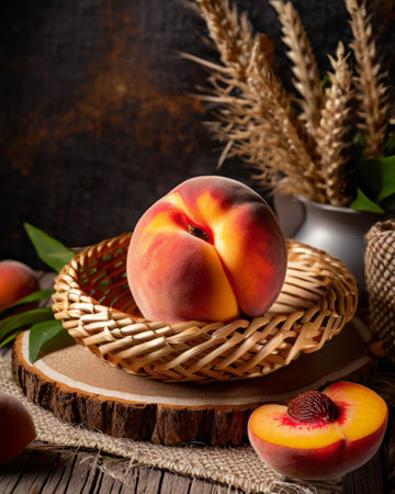Ripe peaches in a wicker basket on a wooden backgroundの素材