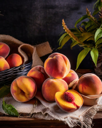 Fresh peaches in a basket on a wooden background. Selective focus.の素材