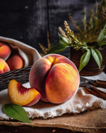 Fresh peaches in a basket on a wooden background. Selective focus.の素材