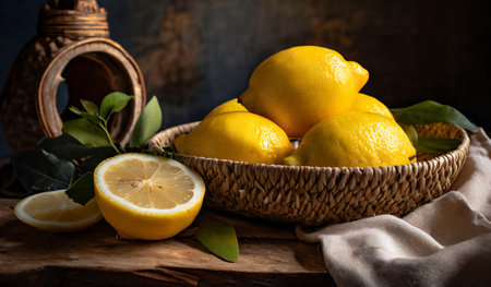 Lemons in a basket on a wooden table. Dark rustic style.の素材