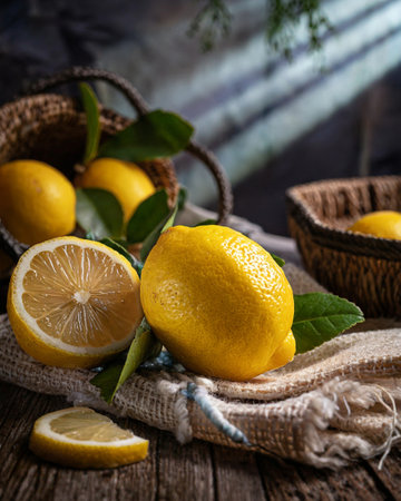 Lemons with leaves in a basket on rustic wooden backgroundの素材
