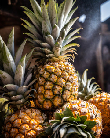 Pineapples at a market in the city of Barcelona, Spainの素材
