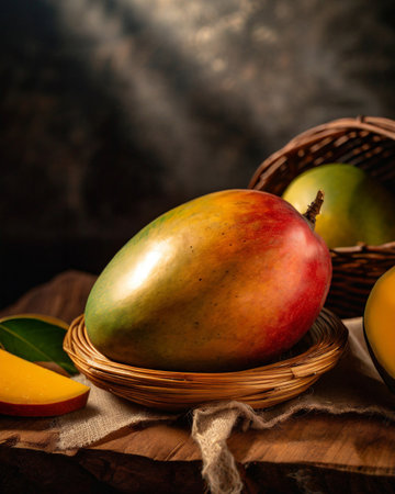 Mango fruit in a basket on wooden background. Toned.の素材