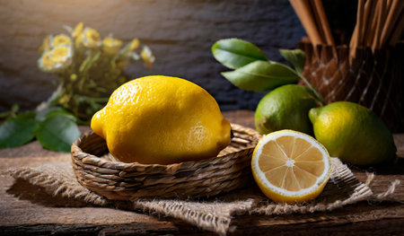 Lemons and limes in a basket on a wooden backgroundの素材