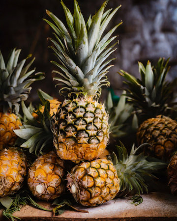 Pineapples on a rustic wooden table. Vintage style.の素材