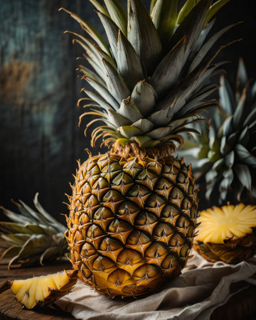 Pineapple on a wooden table. Dark rustic style.の素材