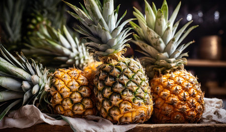 Pineapples on a wooden table in a pub or restaurantの素材