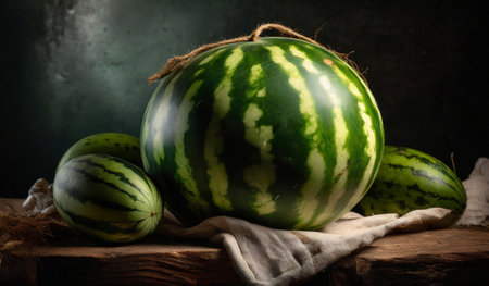 Ripe watermelons on rustic wooden background. Toned.の素材
