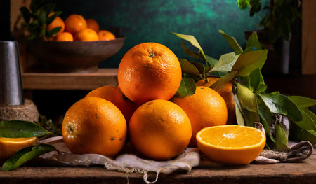 Still life with fresh oranges and lemons on rustic wooden backgroundの素材