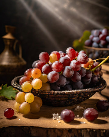 Grapes in a basket on a wooden background. Selective focus.の素材