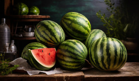 Ripe watermelons on a wooden background. Selective focus.の素材