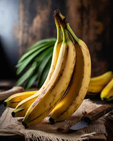 Bunch of bananas on a rustic wooden background. Selective focus.の素材