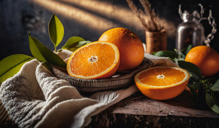 Fresh oranges with leaves in a basket on a wooden rustic tableの素材