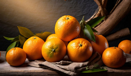 Fresh tangerines with leaves on a wooden table. Dark background.の素材