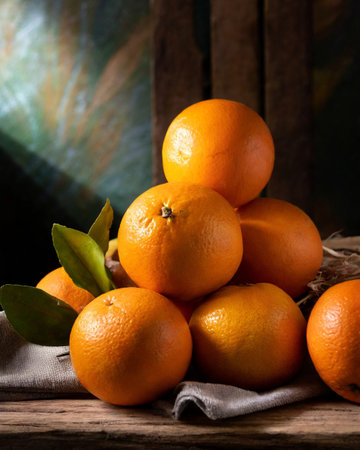 Fresh ripe oranges with leaves on a wooden background. Selective focus.の素材