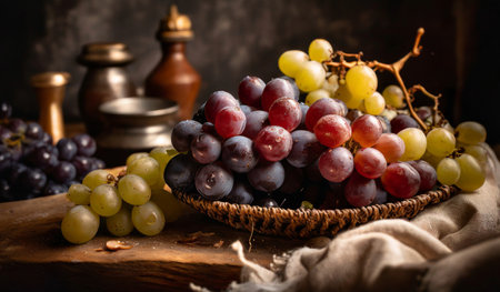 Fresh grapes in a basket on a wooden table. Dark background.の素材