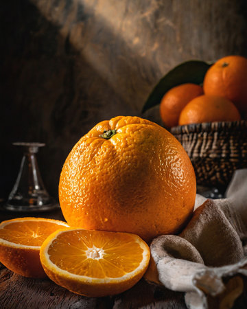 Fresh ripe oranges on a wooden table. Dark rustic style.の素材