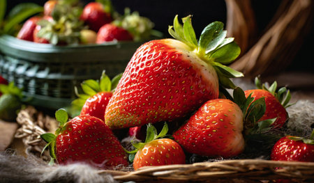 Strawberries in a basket on a wooden background. Selective focus.の素材