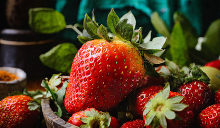 Fresh strawberries in a wooden bowl on a dark rustic background.の素材