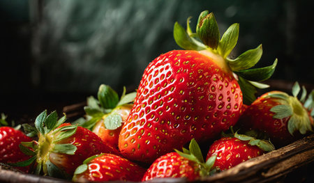 Fresh strawberries in a wooden box on a dark background. Selective focus.の素材