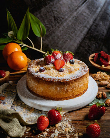 Cheesecake with fresh berries and nuts. style rustic. selective focusの素材