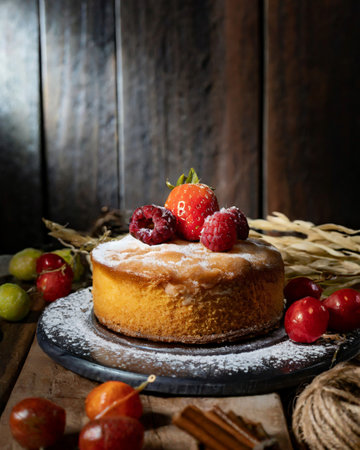 Cake with raspberries and plums on a wooden backgroundの素材