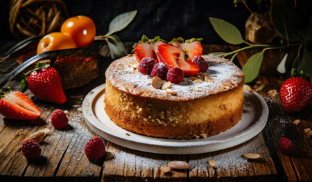 strawberry cake on a wooden background. style rustic. selective focusの素材