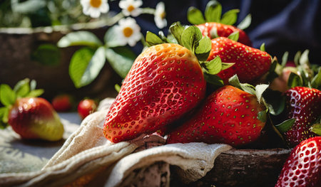 Strawberries in a wooden box on a rustic background.の素材