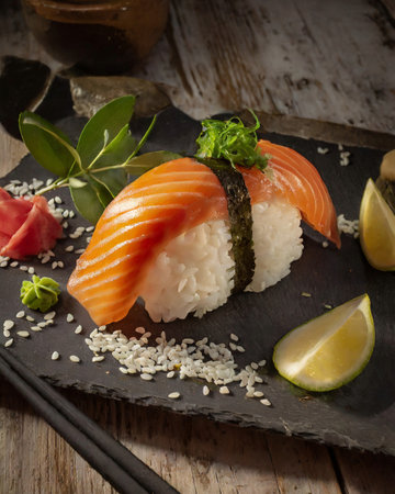 Salmon sushi served on a stone plate with chopsticks and limeの素材