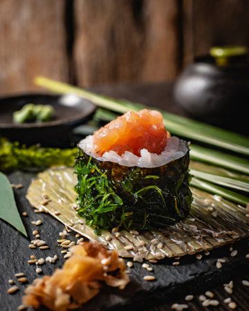 Sushi roll with salmon and seaweed on a stone plate.の素材
