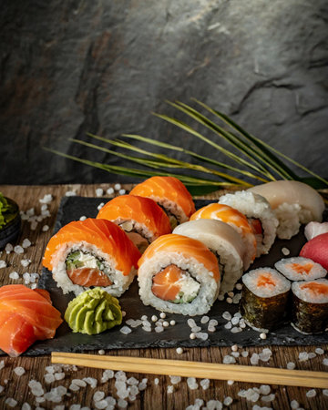 Sushi rolls with salmon, avocado and cucumber on a dark backgroundの素材
