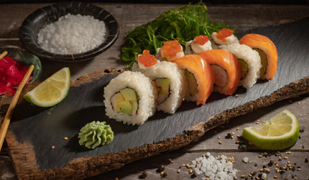 Sushi roll with salmon, avocado and cucumber on wooden backgroundの素材