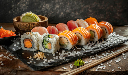 Sushi set with salmon, tuna, cucumber and eelの素材